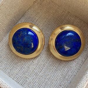 Gold-Tone Round Earrings with Deep Blue Lapis-Style Cabochons